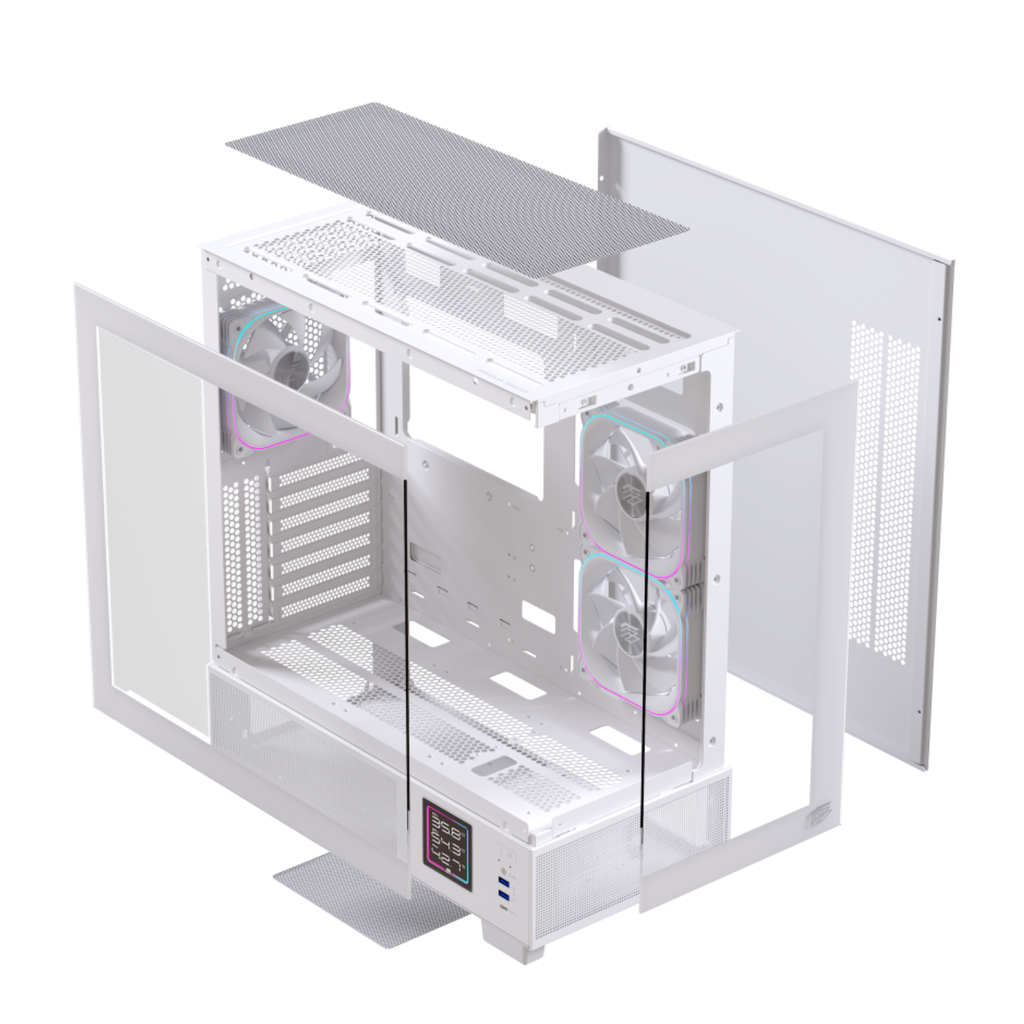 Gabinete Gamer EINAREX S501D RGB Version White - Chasis de PC, Panel Lateral de Vidrio Templado, Sistema de Iluminación RGB, Diseño de Alto Flujo de Aire, Color Blanco (EXCS-S501D-R-W)