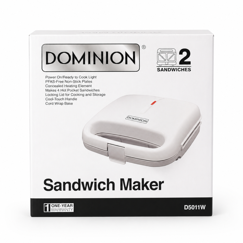 Sandwichera Dominion Blanca D5011W - Placas Antiadherentes, Sellado Rápido y Diseño Compacto para Cocina Hogareña o de Oficina