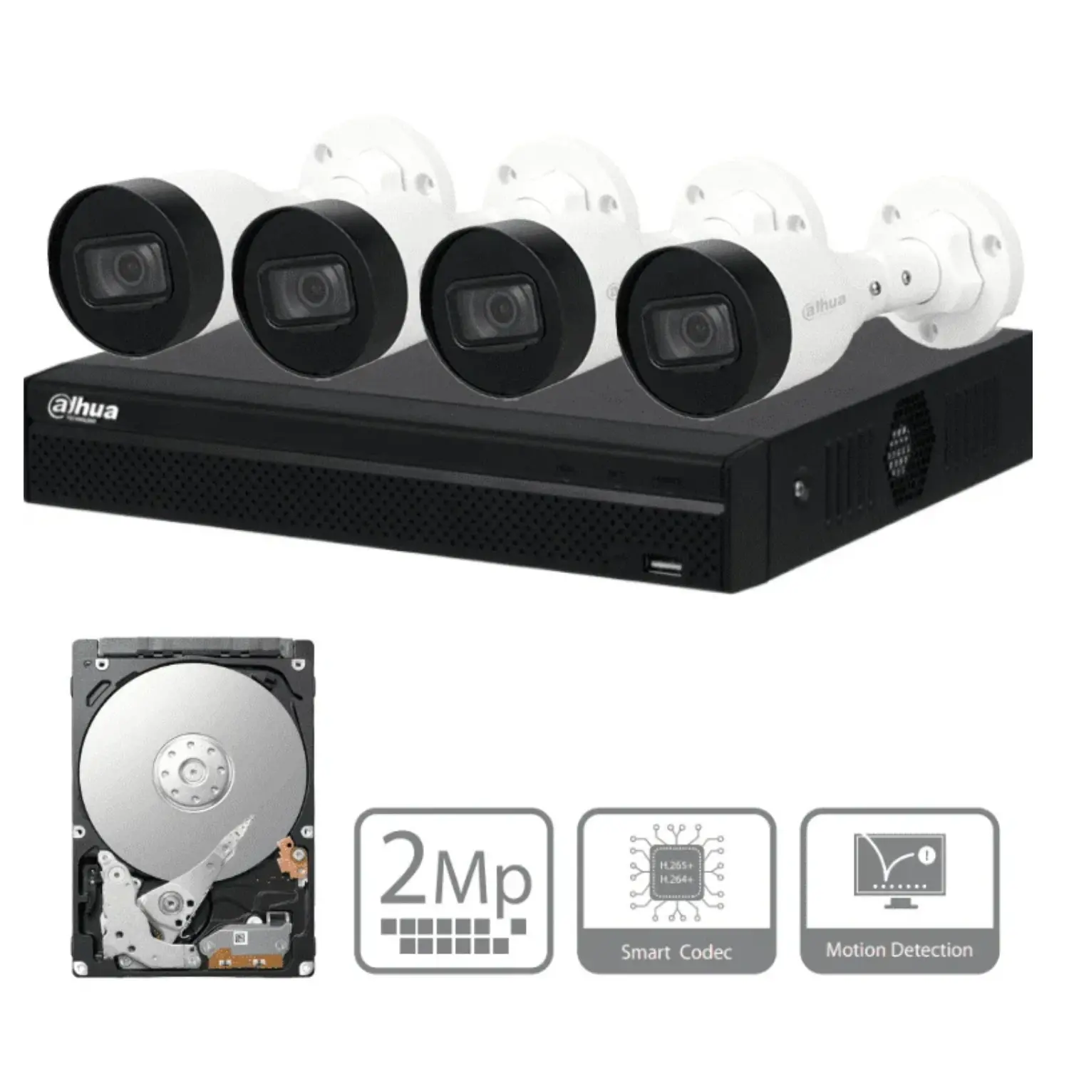[KITNVR1104HS-P+4C1TB/NEW] Kit de Videovigilancia IP Dahua 4 Canales PoE con Disco Duro 1TB y Cámaras 2MP