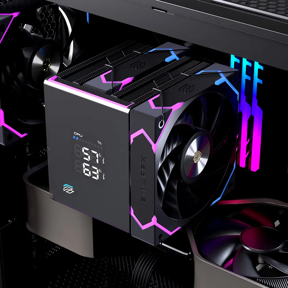[EXAC-GL-300-R-B/NEW] Disipador CPU EINAREX Glide G300 Black – Doble Fan – Pantalla Digital de Temperatura – ARGB – Multi Sockets